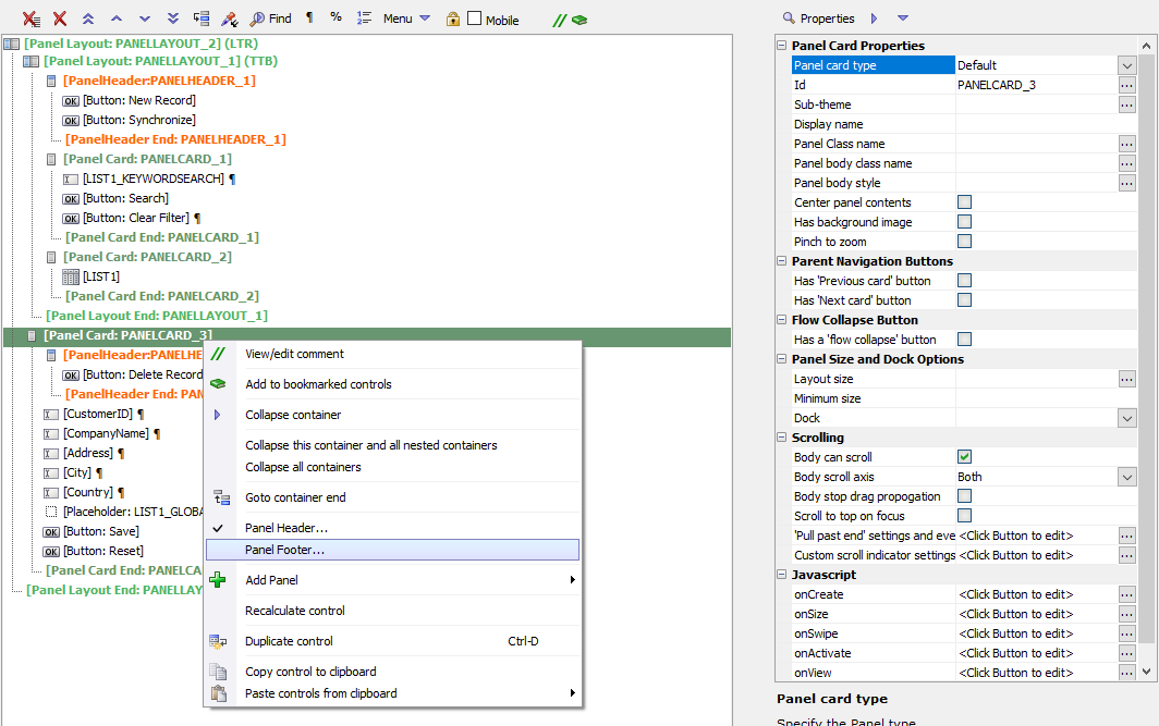 Adding a Panel Footer to PANELCARD_3 from the context menu.